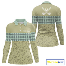 Load image into Gallery viewer, Olive Green Golf Camo argyle pattern Women golf polo shirts custom name best ladies golf wear NQS9973
