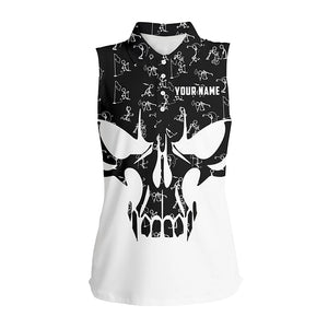 Black and white Women sleeveless polo shirt custom funny skull golf pattern shirts for ladies NQS5750