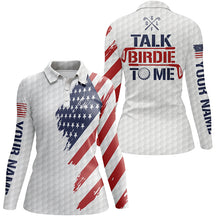 Load image into Gallery viewer, Funny Womens golf polo shirts custom American flag patriotic white golf shirts talk birdie to me NQS5755