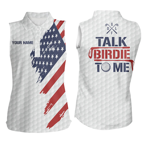 Funny Women sleeveless polo shirt custom American flag patriotic white golf shirts talk birdie to me NQS5755