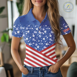 Red, White and Blue Women golf polo shirts Custom American Flag patriotic Golf attire for ladies NQS10137