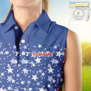 Red, White and Blue  Women sleeveless polo shirt Custom American Flag patriotic ladies Golf attire NQS10137