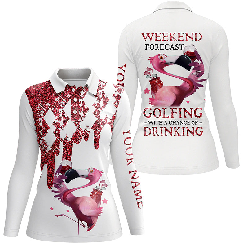 Women golf polo shirts pink glitter flamingo custom weekend forecast golfing with a chance of drinking NQS5957