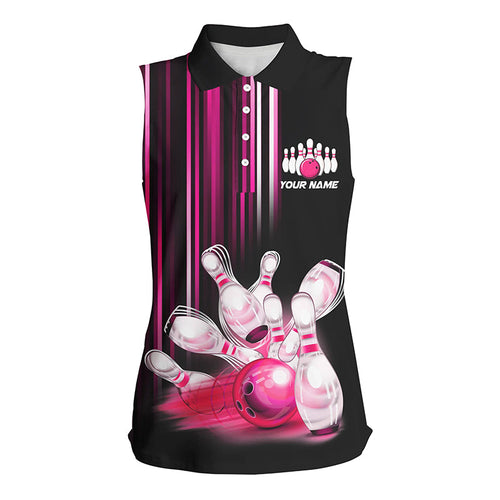 Black and pink light Women bowling Sleeveless Polo Shirt Custom bowling ball and pins Team jerseys NQS8067