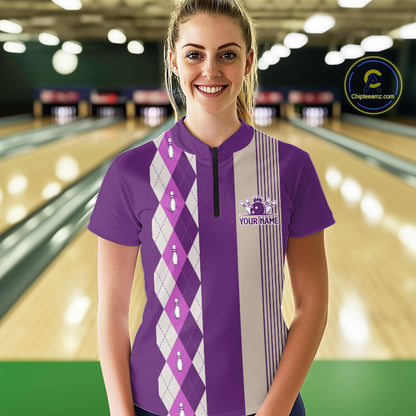 Retro Purple argyle pattern Bowling shirts For Women custom bowling team jerseys Bowler Outfits NQS10275