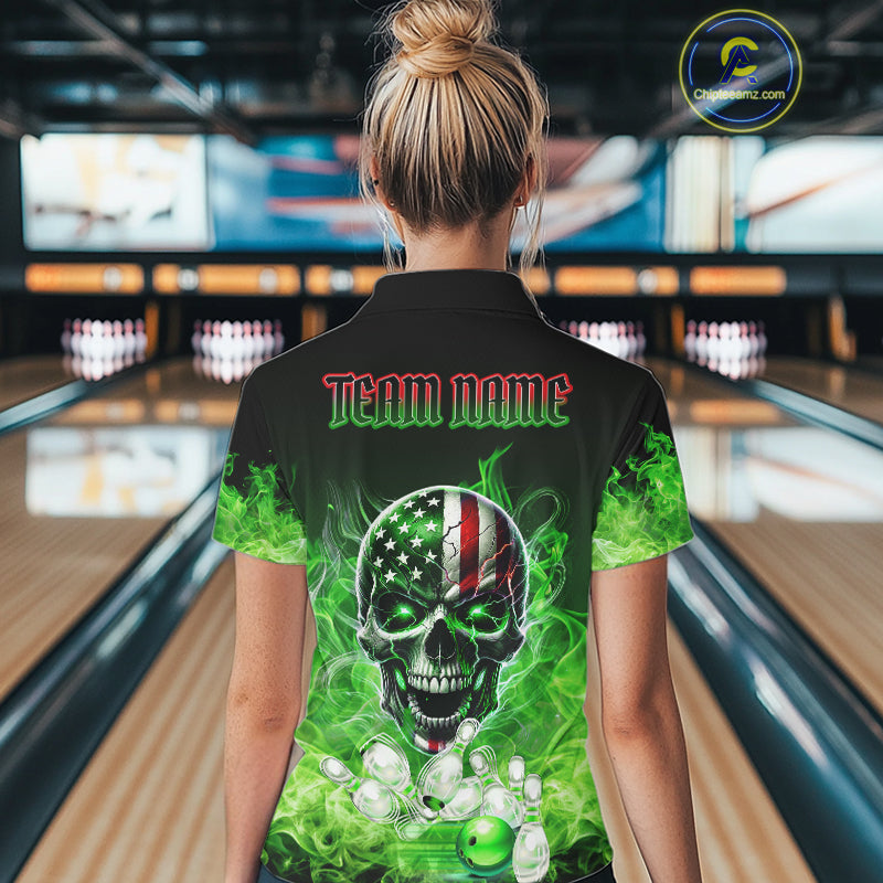 Green Flame Smoke American Flag Eagle Skull Women Bowling Shirts Custom Patriotic Bowling Team Jersey NQS10278