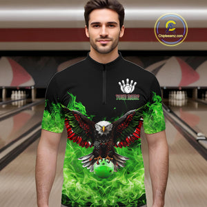 Green Flame Smoke American Flag Eagle Skull Mens Bowling Shirts Custom Patriotic Bowling Team Jersey NQS10278