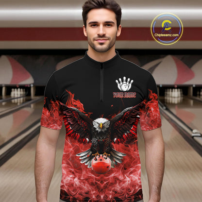 Red Flame Smoke American Flag Eagle Skull Mens Bowling Shirts Custom Patriotic Bowling Team Jersey NQS10279