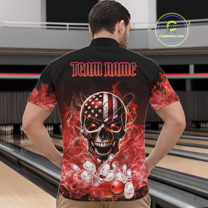 Red Flame Smoke American Flag Eagle Skull Mens Bowling Shirts Custom Patriotic Bowling Team Jersey NQS10279