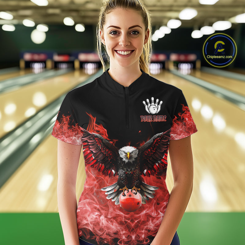 Red Flame Smoke American Flag Eagle Skull Women Bowling Shirts Custom Patriotic Bowling Team Jersey NQS10279