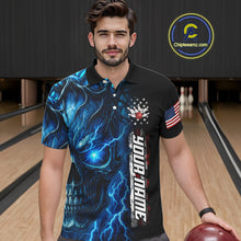 Load image into Gallery viewer, Custom Blue Lightning thunder Skull American Flag Patriotic Mens Bowling Shirts, Gift For Bowlers NQS10463