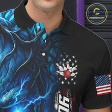 Load image into Gallery viewer, Custom Blue Lightning thunder Skull American Flag Patriotic Mens Bowling Shirts, Gift For Bowlers NQS10463