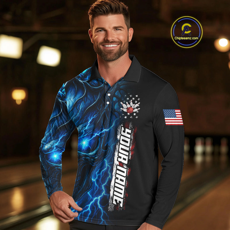 Custom Blue Lightning thunder Skull American Flag Patriotic Mens Bowling Shirts, Gift For Bowlers NQS10463