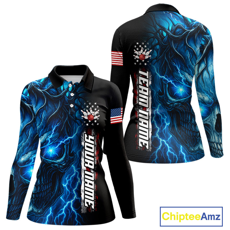 Custom Blue Lightning thunder Skull American Flag Patriotic Womens Bowling Shirts, Gift For Bowlers NQS10463