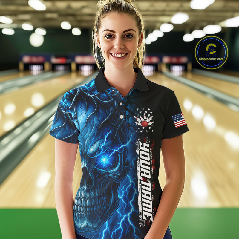 Custom Blue Lightning thunder Skull American Flag Patriotic Womens Bowling Shirts, Gift For Bowlers NQS10463