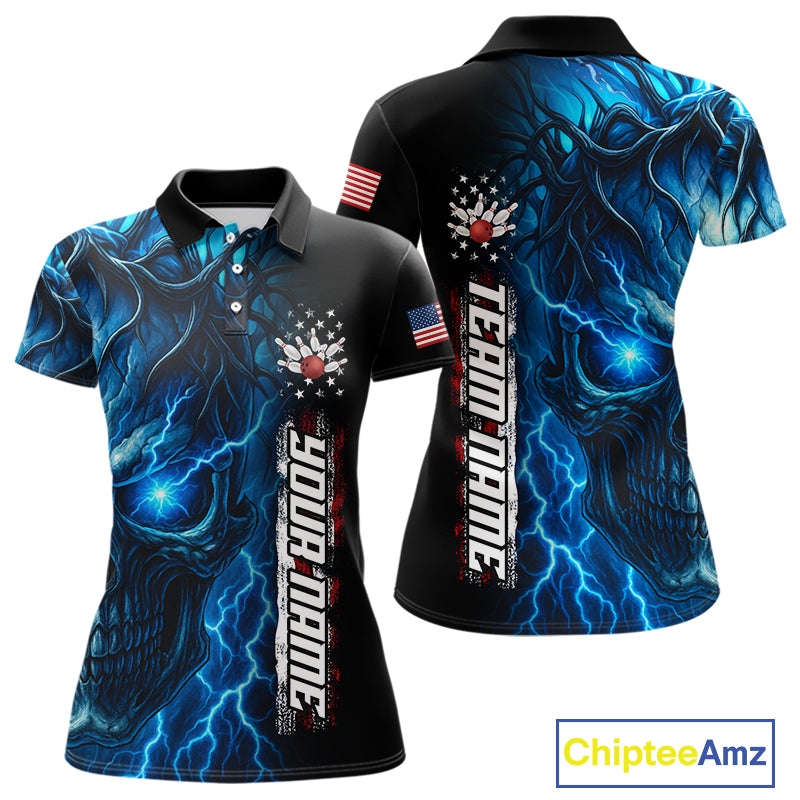 Custom Blue Lightning thunder Skull American Flag Patriotic Womens Bowling Shirts, Gift For Bowlers NQS10463