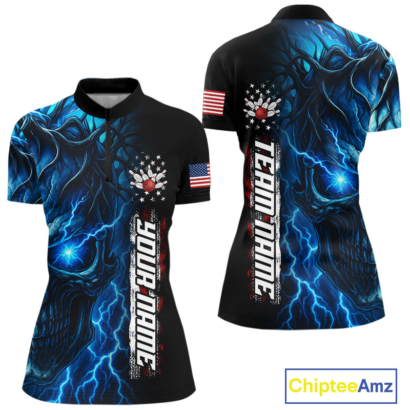 Custom Blue Lightning thunder Skull American Flag Patriotic Womens Bowling Shirts, Gift For Bowlers NQS10463