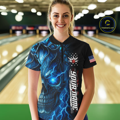 Custom Blue Lightning thunder Skull American Flag Patriotic Womens Bowling Shirts, Gift For Bowlers NQS10463
