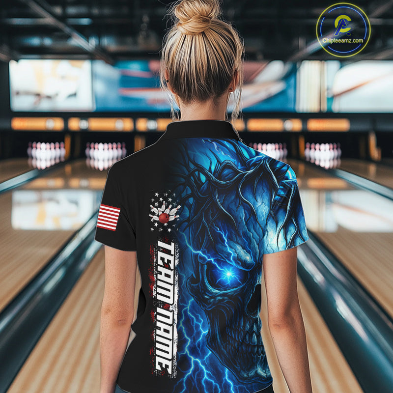 Custom Blue Lightning thunder Skull American Flag Patriotic Womens Bowling Shirts, Gift For Bowlers NQS10463