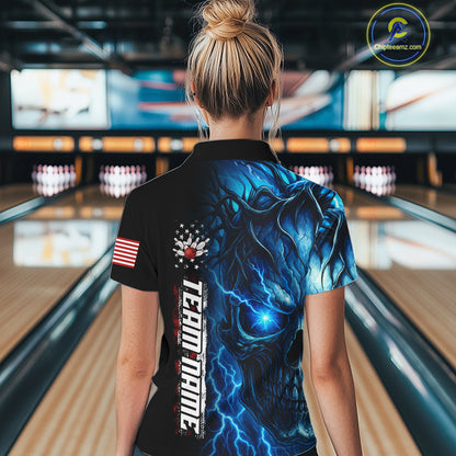 Custom Blue Lightning thunder Skull American Flag Patriotic Womens Bowling Shirts, Gift For Bowlers NQS10463