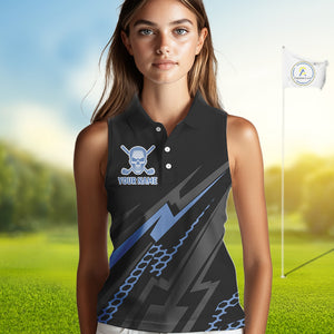 Black and Blue Skull Sleeveless Golf polo shirts Custom Ladies golf tops, Personalized golf gifts NQS10467