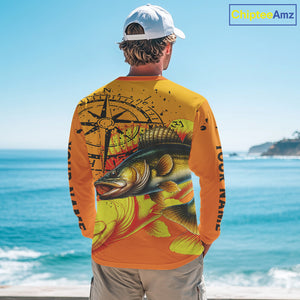 Custom Walleye Compass Long Sleeve Fishing Shirts, Personalized Walleye Fishing Jersey | Orange NQS10468