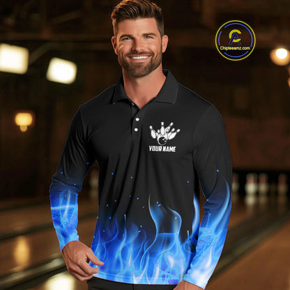 Personalized Mens Bowling Shirt Blue flame Bowling Ball and Pins Team bowling jerseys for men Bowler NQS10471