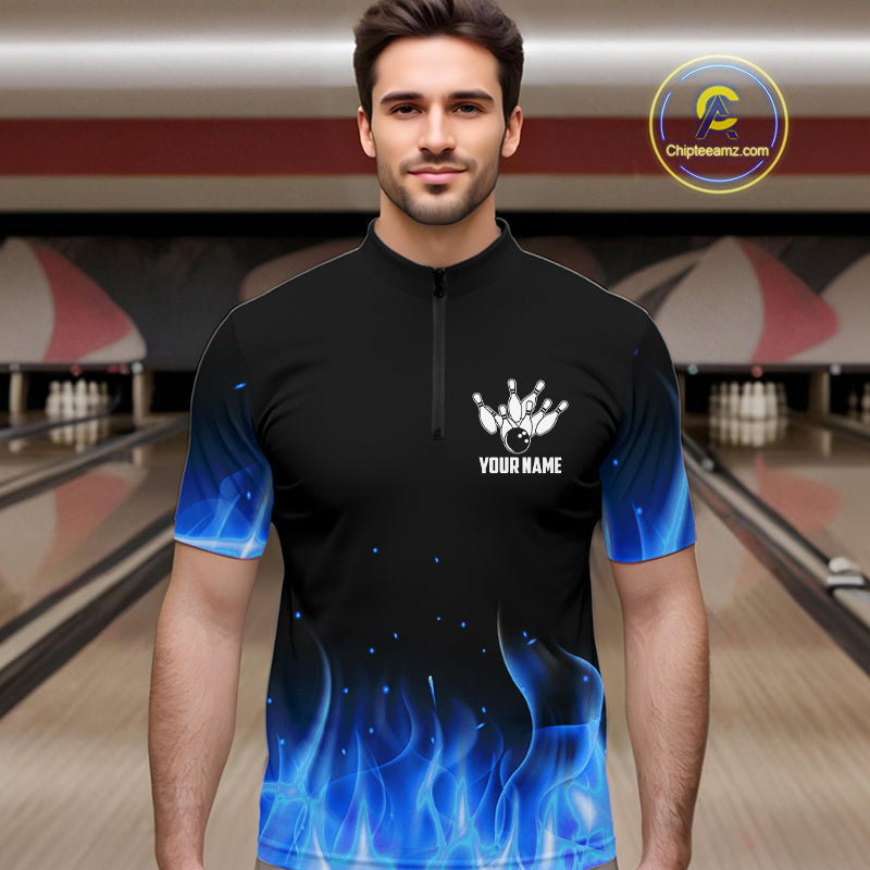 Personalized Mens Bowling Shirt Blue flame Bowling Ball and Pins Team bowling jerseys for men Bowler NQS10471