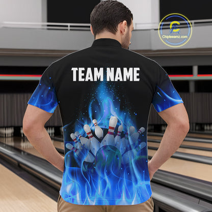 Personalized Mens Bowling Shirt Blue flame Bowling Ball and Pins Team bowling jerseys for men Bowler NQS10471