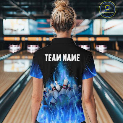 Personalized Women Bowling Shirt Blue flame Bowling Ball Pins Team bowling jerseys for ladies Bowler NQS10471