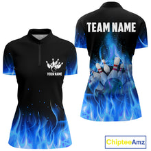 Load image into Gallery viewer, Personalized Women Bowling Shirt Blue flame Bowling Ball Pins Team bowling jerseys for ladies Bowler NQS10471