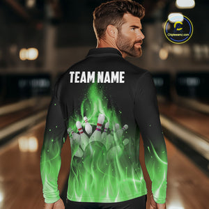 Personalized Mens Bowling Shirt Green flame Bowling Ball and Pins Team bowling jerseys for men Bowler NQS10472