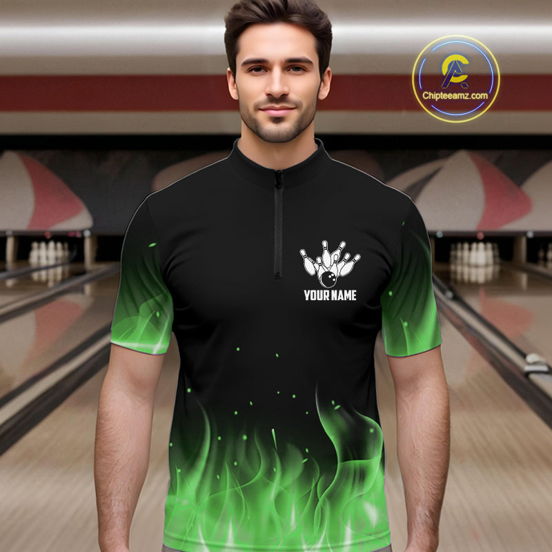 Personalized Mens Bowling Shirt Green flame Bowling Ball and Pins Team bowling jerseys for men Bowler NQS10472