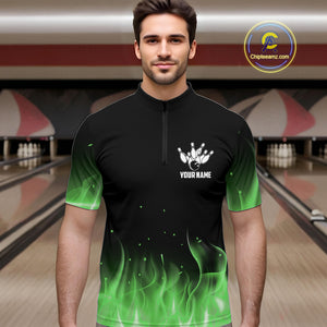 Personalized Mens Bowling Shirt Green flame Bowling Ball and Pins Team bowling jerseys for men Bowler NQS10472