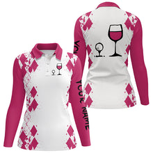 Load image into Gallery viewer, White Pink argyle pattern womens golf shirt Golf &amp; wine custom name womens golf polo shirt NQS3924