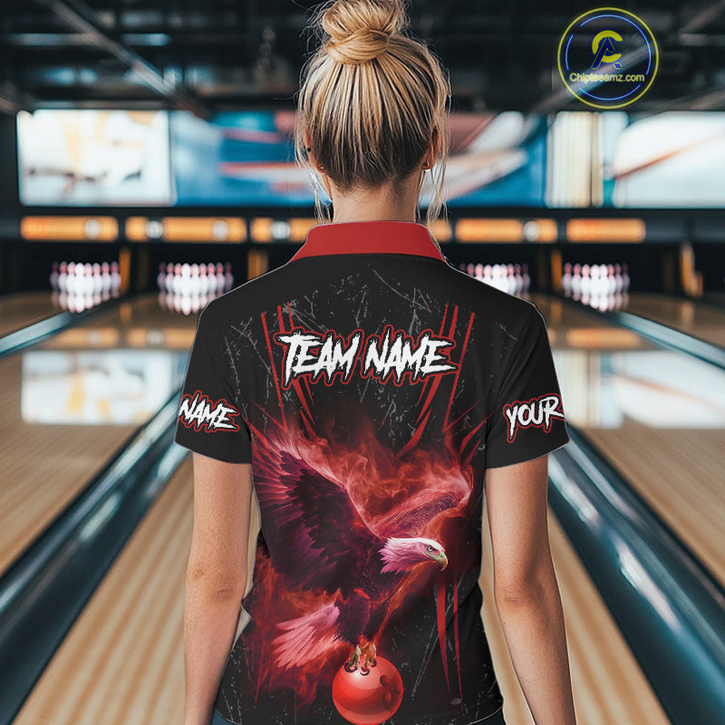 Black and Red Flame Eagle Bowling Shirt For Women Custom Team Name Bowling Jerseys For Bowlers NQS10674