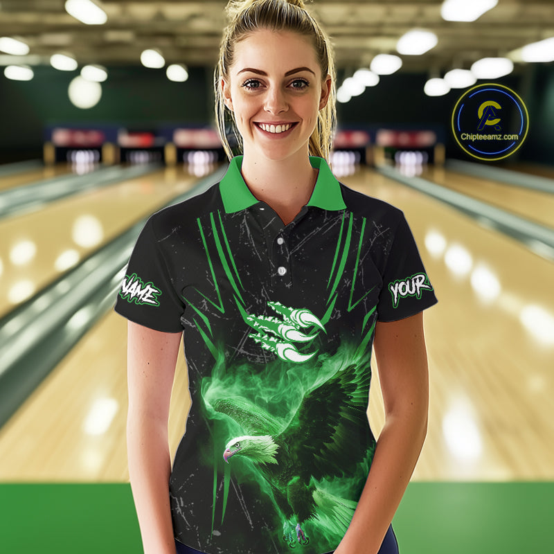 Black and Green Flame Eagle Bowling Shirt For Women Custom Team Name Bowling Jerseys For Bowlers NQS10675