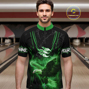 Black and Green Flame Eagle Bowling Shirt For Men Custom Team Name Bowling Jerseys For Bowlers NQS10675