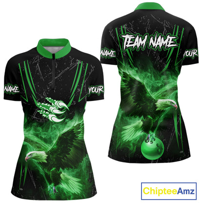Black and Green Flame Eagle Bowling Shirt For Women Custom Team Name Bowling Jerseys For Bowlers NQS10675