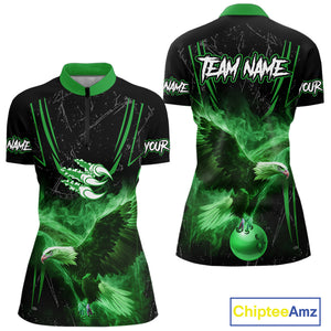 Black and Green Flame Eagle Bowling Shirt For Women Custom Team Name Bowling Jerseys For Bowlers NQS10675