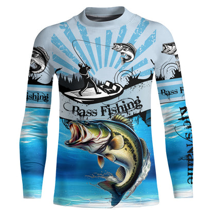 Personalized Largemouth Bass Fishing Jerseys blue Long Sleeve Fishing Shirts, Bass fishing jerseys NQS8956
