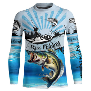 Personalized Largemouth Bass Fishing Jerseys blue Long Sleeve Fishing Shirts, Bass fishing jerseys NQS8956