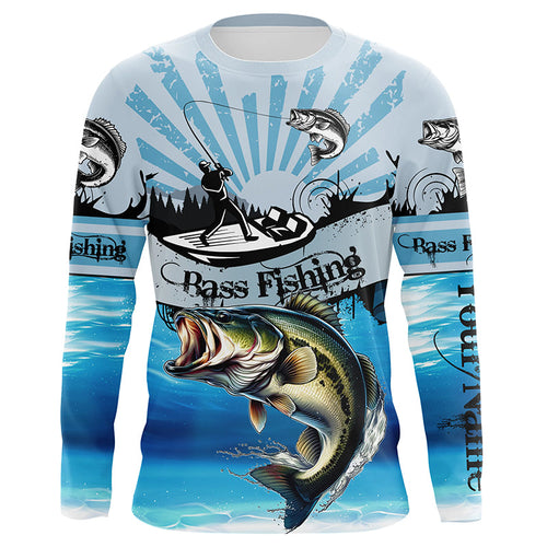 Personalized Largemouth Bass Fishing Jerseys blue Long Sleeve Fishing Shirts, Bass fishing jerseys NQS8956