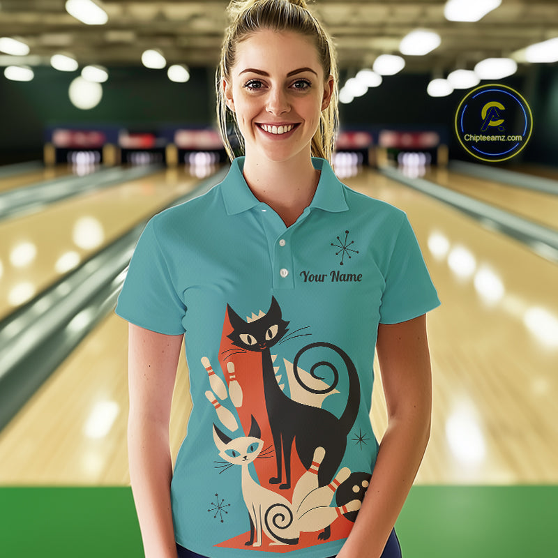 Custom retro bowling shirts Cats Bowling jersey for Women Team Bowling Polo, 1/4 Zip Shirts | Blue NQS11072
