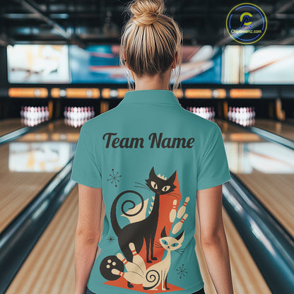 Custom retro bowling shirts Cats Bowling jersey for Women Team Bowling Polo, 1/4 Zip Shirts | Blue NQS11072