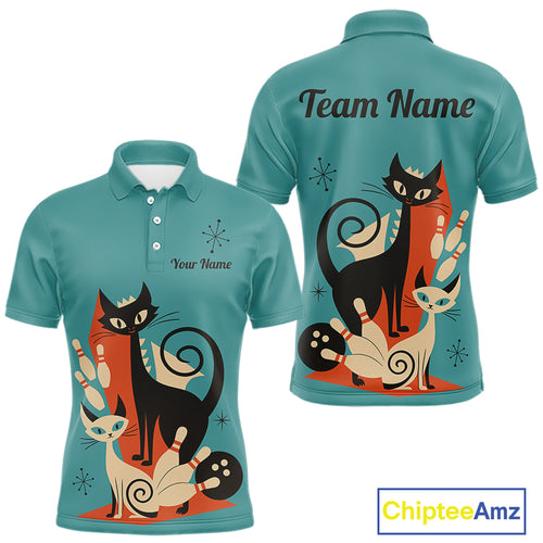 Custom retro bowling shirts Cat Bowling jersey for men Team Bowling Polo, 1/4 Zip Shirts | Blue NQS11072