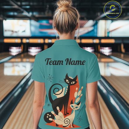 Custom retro bowling shirts Cats Bowling jersey for Women Team Bowling Polo, 1/4 Zip Shirts | Blue NQS11072