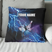 Load image into Gallery viewer, Personalized blue lightning thunder Bowling ball pins custom name Canvas, Linen Throw Pillow NQS7023