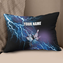 Load image into Gallery viewer, Personalized blue lightning thunder Bowling ball pins custom name Canvas, Linen Throw Pillow NQS7023