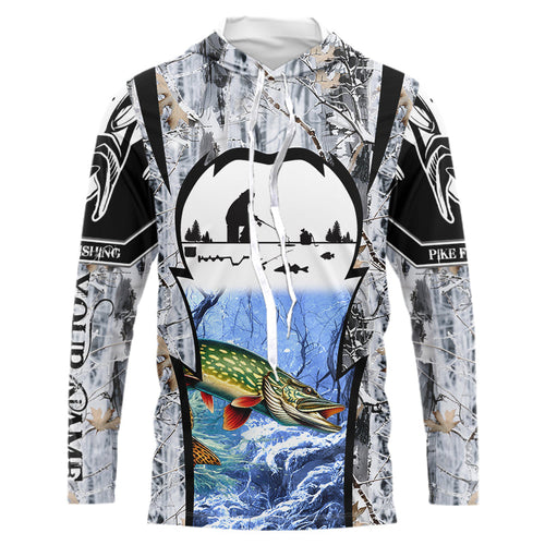 Northern Pike ice fishing Winter camo custom unisex Long sleeve fishing shirt, Ice fishing Pike jersey NQS9192